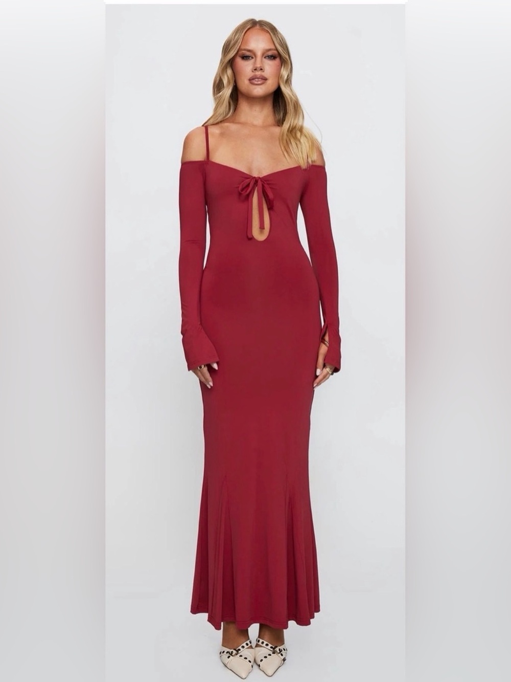 Princess Polly‎ Red Off Shoulder Tie Front Maxi Dress Bodycon Size 4
